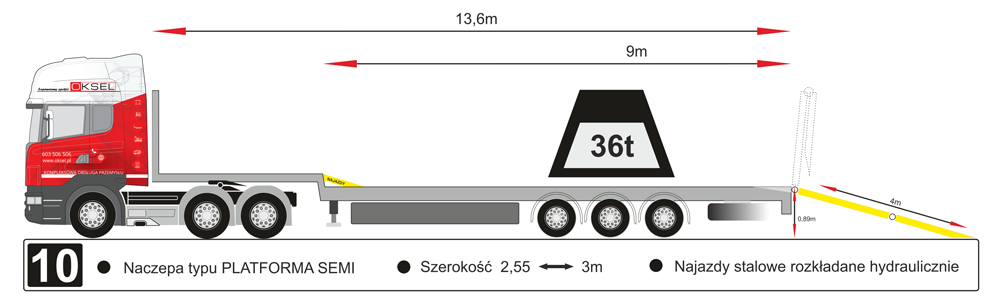 Naczepa typu platforma semi, szerokość 2,55m - 3m, najazdy stalowe rozkładane hydraulicznie - Rysunek techniczny