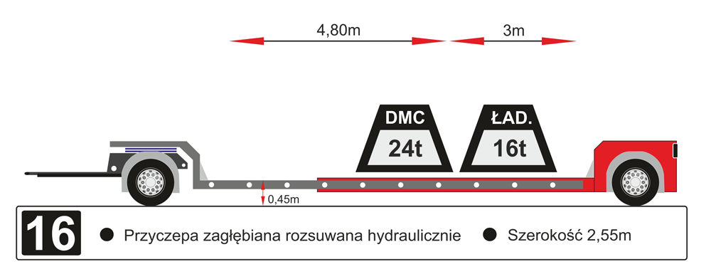 Przyczepa zagłębiana rozsuwana hydraulicznie, szerokość 2,55m - Rysunek techniczny